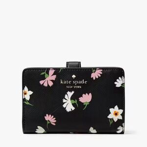 Kate Spade Medium Black Bifold Wallet Floral Waltz, Pink & White Floral,  NEW